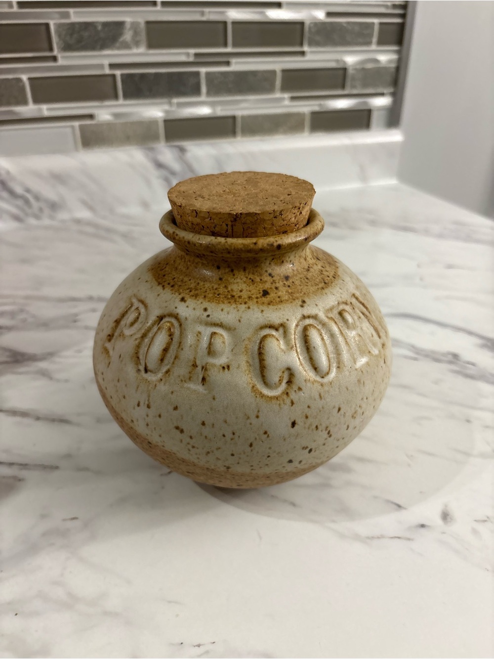 Vintage Pottery Popcorn Seed jar with cork lid handmade signed studio pottery